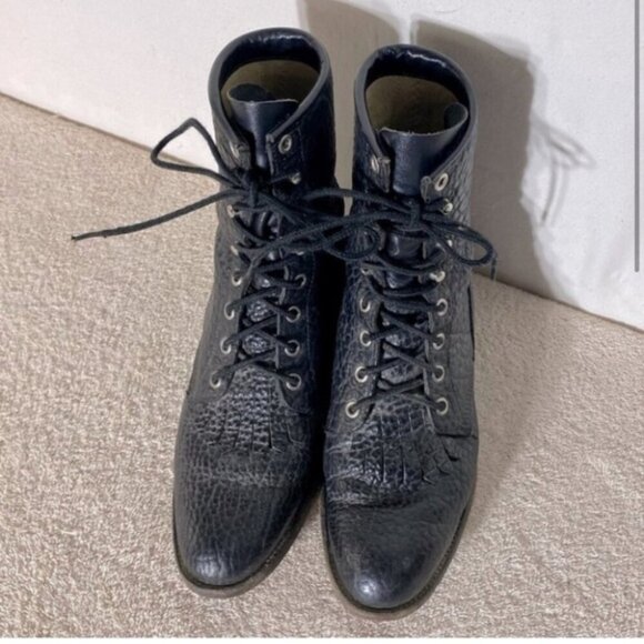 Vintage Justin Boots Black Pebbled Leather Lace Up Packer Boots 6 - Picture 2 of 13